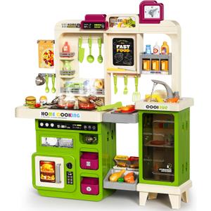 Pupu Pig Kids Kitchen Playset, Play Kitchen with Toy Stove, Grill, Sink, Play Food, ToyKitchen Accessories, Kitchen Interactive Play with Lights Sound Steam, Cooking Toys for Toddler Kid Gifts