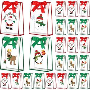 Gersoniel 24 Pack Christmas Clear Gift Bags with Handles Christmas Plastic Treat Bags with Bow Ribbons Transparent PVC Santa Elk Snowman Totes for Birthday Xmas Party Favors, 7 x 10 x 3.15 Inch