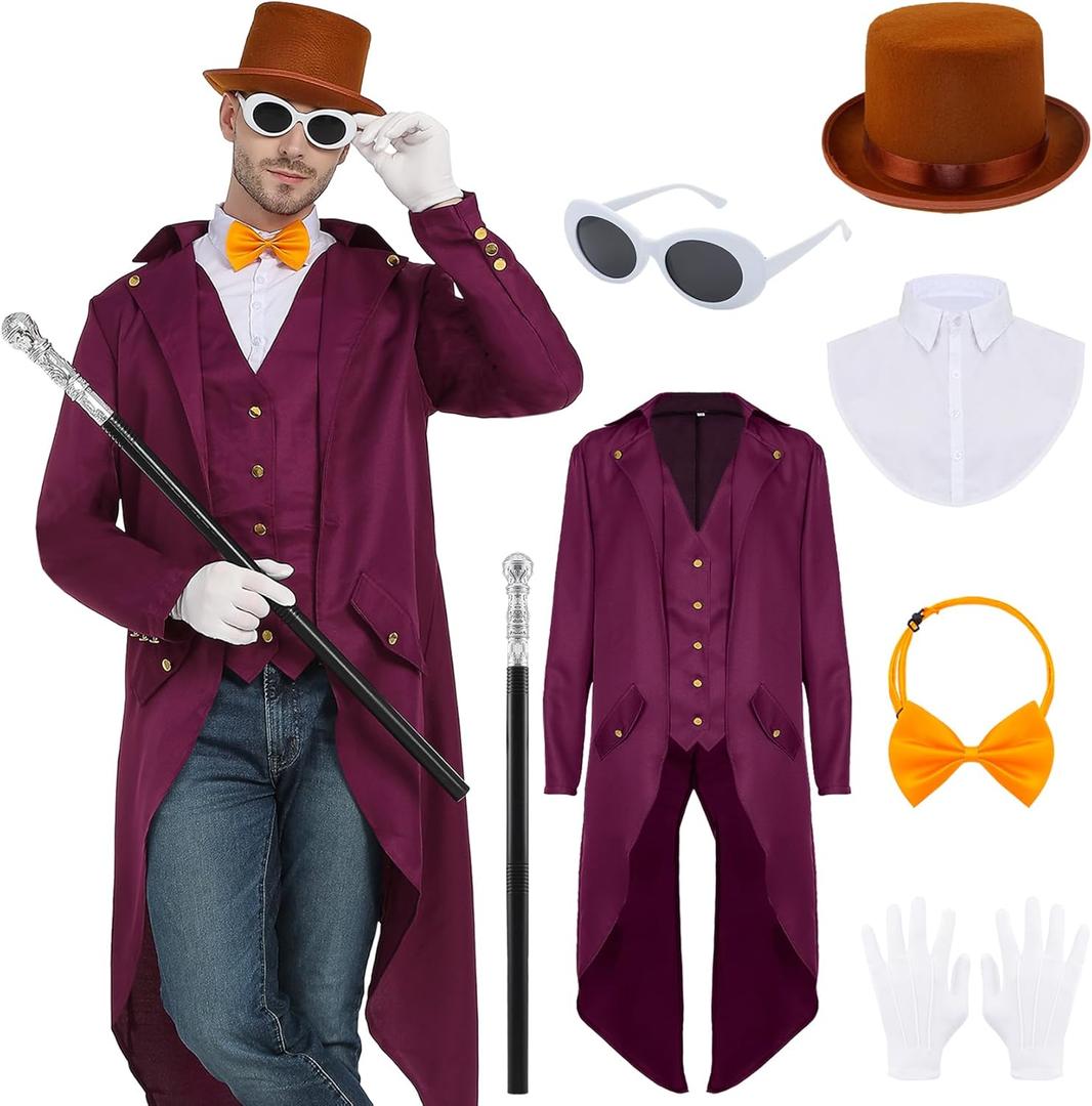 Purple Tailcoat Set with Top Hat Tie Glasses, Gloves for Halloween Party Costume (Large)
