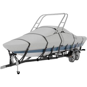 1200D Solution Dyed 100% Waterproof Ski & Wakeboard Tower Boat Cover with 11+6 PCS Windproof Straps Fit V-Hull Runabouts OutBoards and I/O (Gray, 20'-22'L, Beam Width to 106" W)