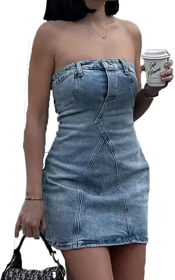 Fronage Women's Summer Sexy Denim Strapless Mini Dress Y2K Trendy Bodycon Jean Tube Dresses Western Cowgirl Denim Outfit 2023 Light Blue, M
