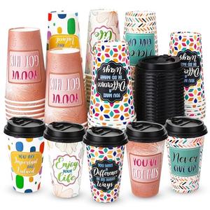 Ovveroche 50 Pack 16 oz Disposable Coffee Cups with Lids,5 Motivational Encouragemen Positivity Paper Hot Cups for Hot and Cold Beverages,Coffee,Tea,Water,Juice