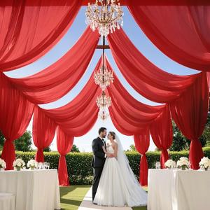 MODFUNS Ceiling Drape for Wedding Red Chiffon Draping Fabric 5x30ft 4 Panels Sheer Ceiling Curtains Tulle Drapery Curtain Wedding Archway Drape Bridal Baby Shower Party Arbor Drapery Ceiling Decor