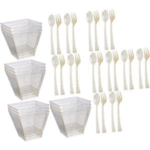 1set Disposable Dessert Cups Golden Glitter for Parties Weddings and Celebrations Includes Cups Spook Forks and Cutlery