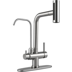 Waterfall Kitchen Faucet with Water Filter,Upgraded Separate Drinking Water 2 Handle Kitchen Faucet with Pull Down Sprayer, Brushed Nickel 3 in 1 Sink Faucets, Without Water Filtration Device