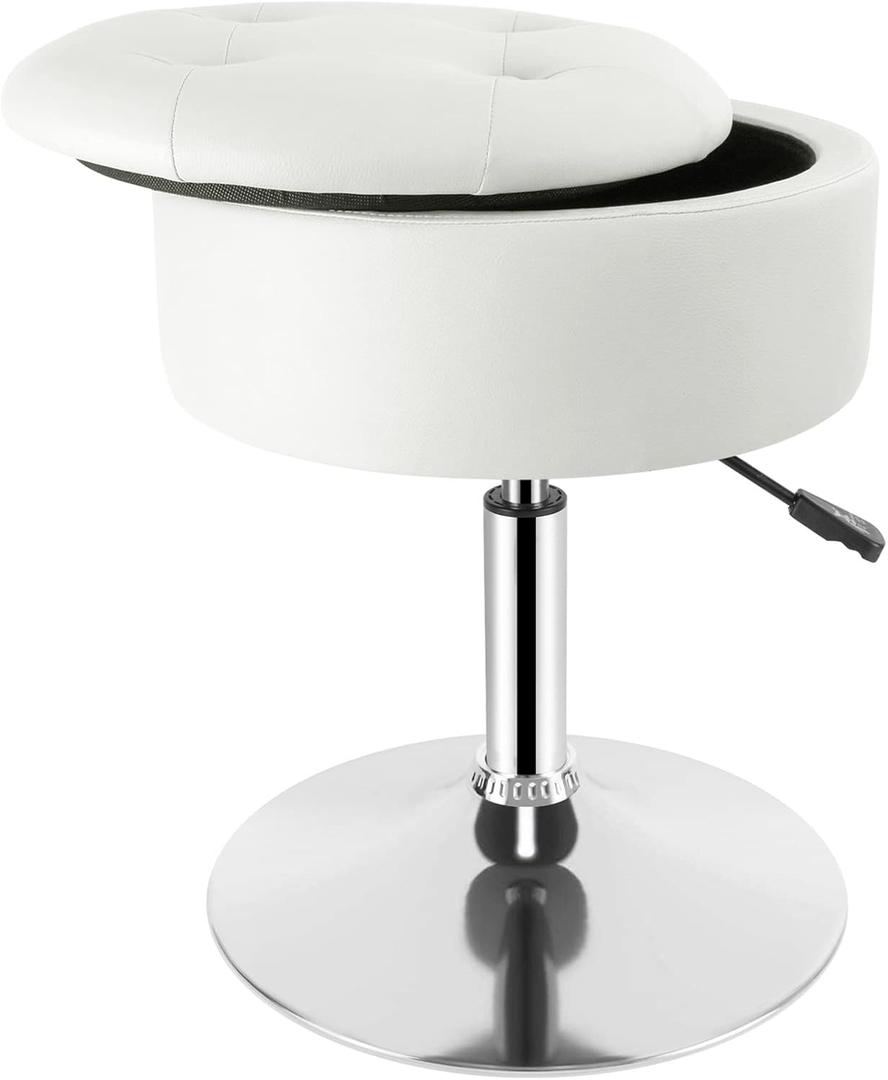 Vanity Stool with Storage, Makeup Room Seat Chair, Adjustable Height 17.9" to 24.4", PU Leather Round Vanity Chair with Removable Tray, Bathroom, Bedroom, Office, 360 Swivel Stool, White