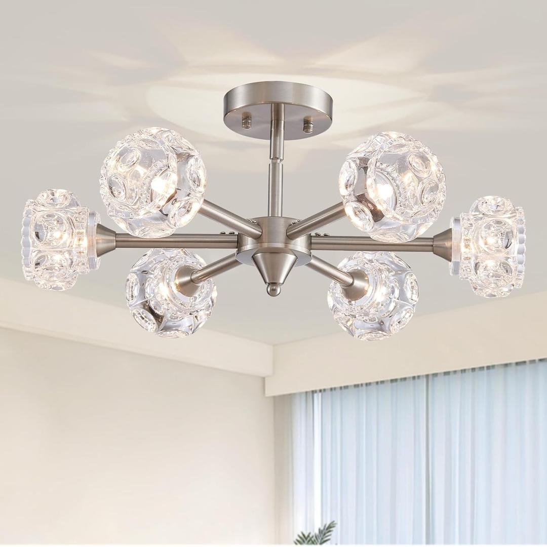 XINGQI 23" Modern Sputnik Chandelier 6-Light Semi Flush Mount Ceiling Light Fixture Brushed Nickel Ceiling Lighting for Bedroom Entryway Dining Room Living Room Kitchen