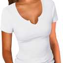PALINDA Women's Notch V Scoop Neck Ribbed Fitted Shirt Basic Short Sleeves Tee Shirt Top (White) size 8