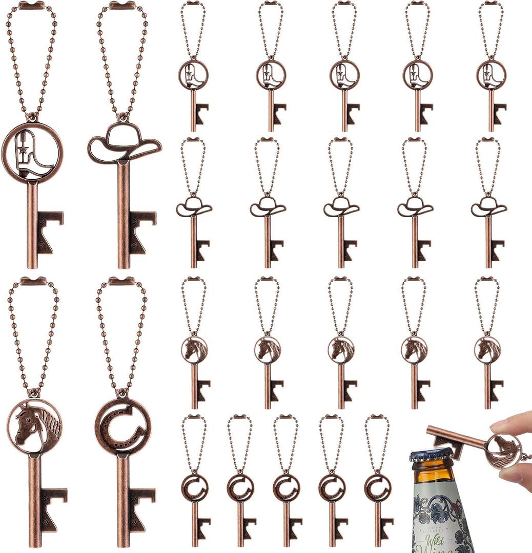 Moxweyeni 20 Pcs Cowboy Bottle Opener Set Cowboy Hat Boot Horse Horseshoe Vintage Rustic Boot Keychain Beaded Chain Western Theme Gift for Derby Wedding Birthday Anniversary Party Favors for Guest