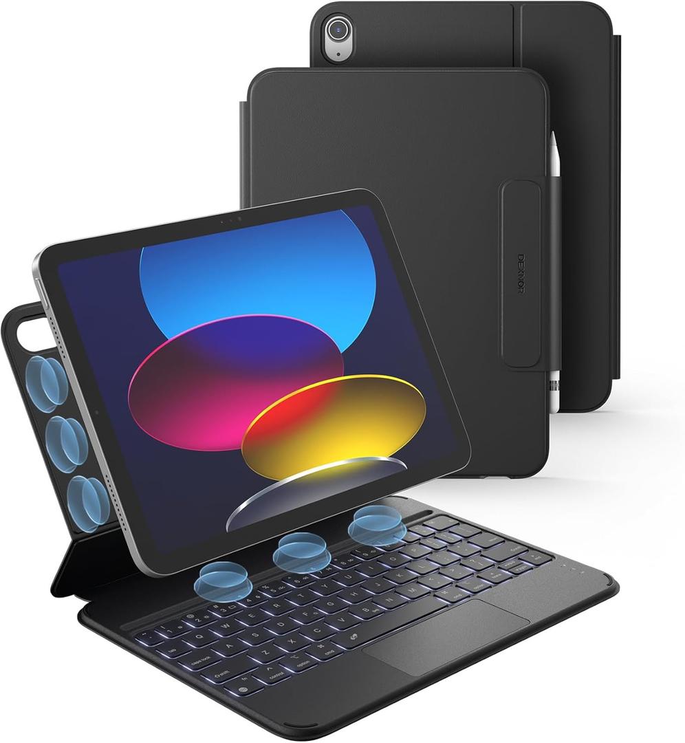 Dexnor for iPad (A16) 11th/ 10th Generation Case with Keyboard Ultra-Light Magnetic Detachable Folio Keyboard Cover Multi-Touch Trackpad Backlit for iPad 10th Gen 10.9" (2022)/ 11th Gen (2025), Black