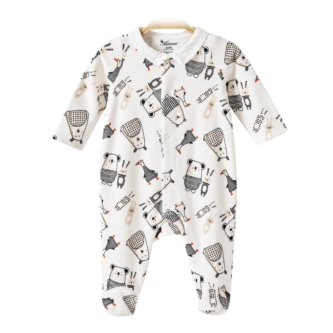 Minicoco Baby Cotton-Blend Velvet Footie, ong Sleeved Footed Jumpsuit, Soft Warm Baby Outfit for 012 Months Infants (White)