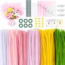 1800PCS Pipe Cleaners Craft, Pipe Cleaner Bulk Flower Kit, 6 Colors Chenille Stems Flower Making Kit with Floral Wrapping Paper and Ribbon, Gardening Tape, Stamen for Art and Craft Supplies