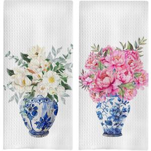 Chinoiserie Kitchen Towels Set - Floral Blue and White Chinoiserie Dish Towel, Floral Blue and White Hand Tea Towels for Bathroom Kitchen, 16x24 Inch Set of 2