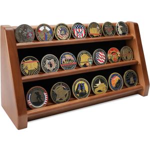 Challenge Coin Display Case, 3 Rows Solid Wood Military Coin Holder Rack Stand Holds 20 Coins for Desk or Wall Mount, Coin Holders for Collectors (Walnut Finish)