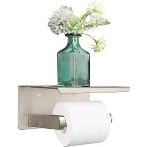 NearMoon Toilet Paper Holder with Shelf, Heavy Duty Bath Toilet Roll Holder with Phone Shelf Tissue Hanger for Bathroom/Kitchen No Drill or Wall Mounted(304 Stainless Steel, Brushed Nickel)