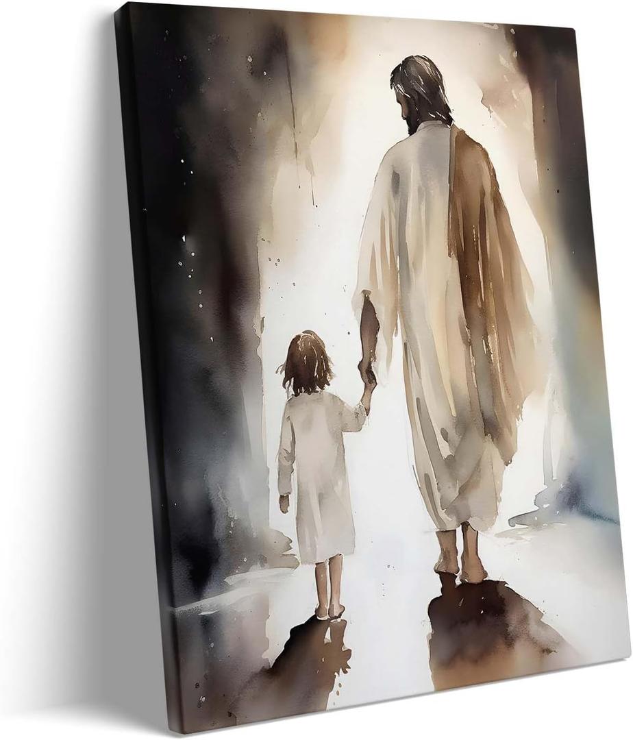 Jesus Canvas Wall Art Decor Framed Painting - 11X14 inch Jesus Leading Child with Love Canvas Wall Artwork, Christian Artwork, Inspirational Art Decoration, Religion Picture Poster Print