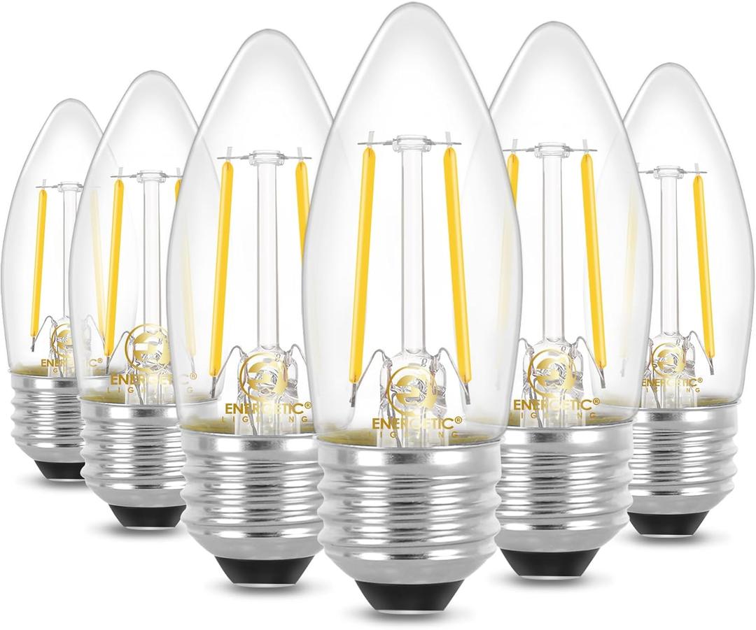 Energetic B10 B11 LED Filament Bulb E26 Candelabra Medium Base 4000K Cool White, 4W(40W Equivalent) 300 Lumens Dimmable Decorative Candle Light Bulb, Pack of 6