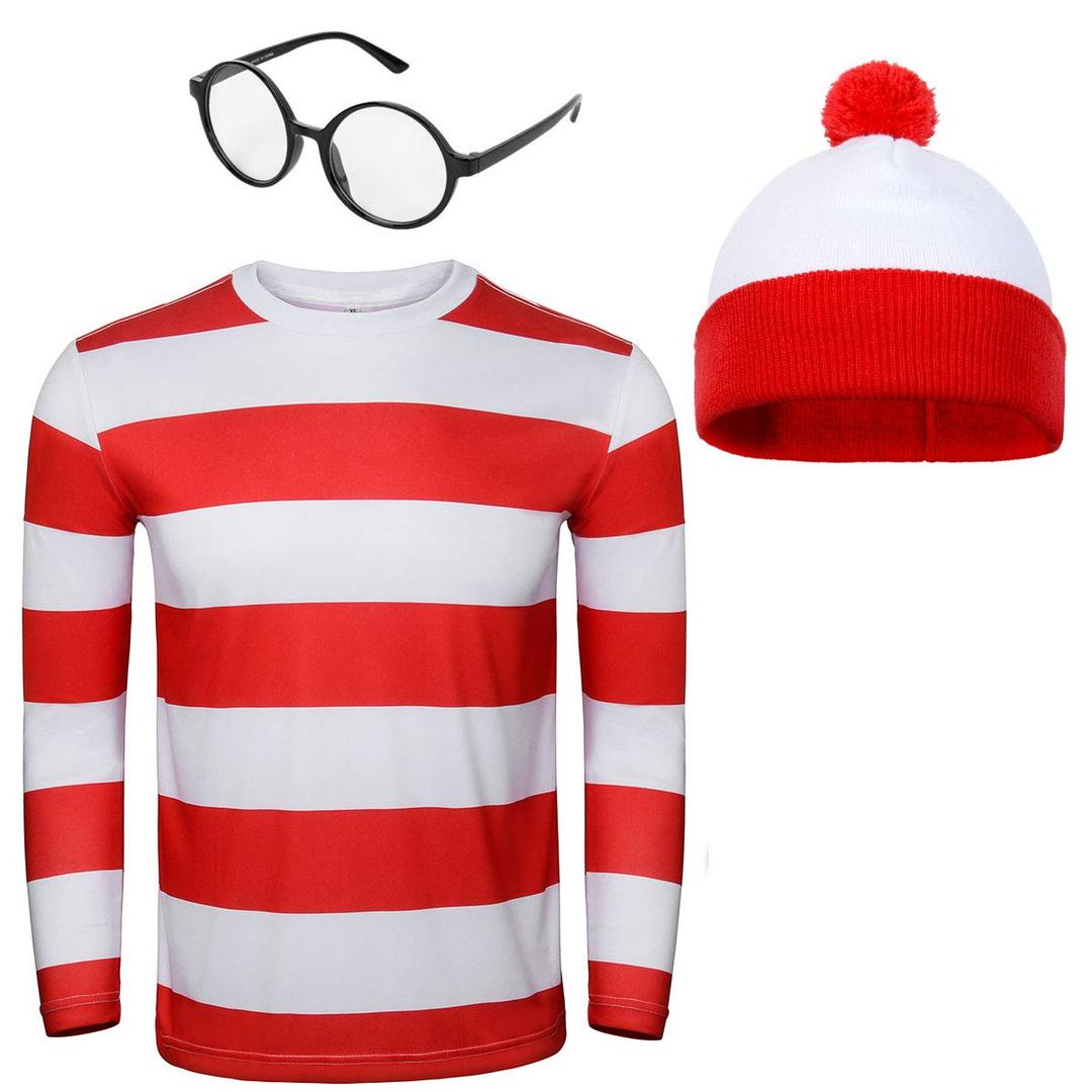 Adult Men Red and White Striped Tee Shirt Glasses Hat Outfit Suit Set Halloween Cosplay Costume Party Props (Large, Adult Men)
