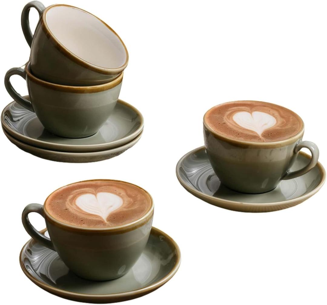 SHUER Ceramic Latte Coffee Cup Set of 4, 7.8 Oz Tea Cup and Saucers Sets,Glaze Americano Cups and Macchiato Coffee Cups,Low Tea Time Mug Set Great for Party (Light Cyan 220ML)