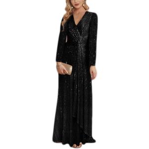 meilun Long Sleeve Sequin Dress for Women Formal Gowns Sparkly V Neck Maxi Dress (Black, XXL)