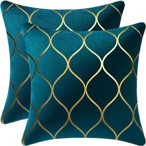18x18 Inch Gold Velvet Throw Pillow Covers: 2 Pack Square Decorative Pillow Cases for Bedroom Sofa Couch Living Room, Teal Christmas