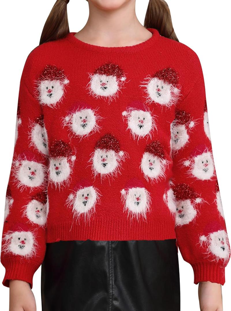 Christmas Little Girls Pattern Knitted Ugly Santa Claus Sweater Funny Party Outfit Red, 10 Years