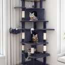 Globlazer Corner Cat Tree for Large Cats, 66inch Tall Curved Series Large Cat Tower for Multiple Indoor Cats with 6 Scratching Posts, 2 Spacious Cat Condos, Hammock, Hanging Basket, C66, Dark Grey