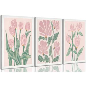 3 Pcs Pink Tulips Flowers Canvas Wall Art Boho Pink and Green Abstract Floral Botanical Paintings Pictures Wall Decor Poster Print Artwork for Living Room Bedroom Home Decoration Unframed (16"L x 12"W)