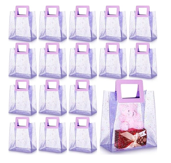8 Pcs Purple PVC Gift Bags with Handles Bulk Glitter Valentine's Day Galentines Wedding Party Favor Bags Reusable Tote Bag for Wedding Bridal Baby Shower Birthday, 7x4x8''