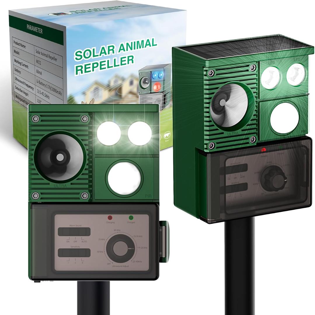 X-PEST Solar Animal Repeller Ultrasonic, Cat Repellent Outdoor with USB Recharging, Waterproof Ultrasonic Deer Repellent Motion Activated Repel Dog, Squirrel, Deer, Raccoon, Skunk, Rabbit