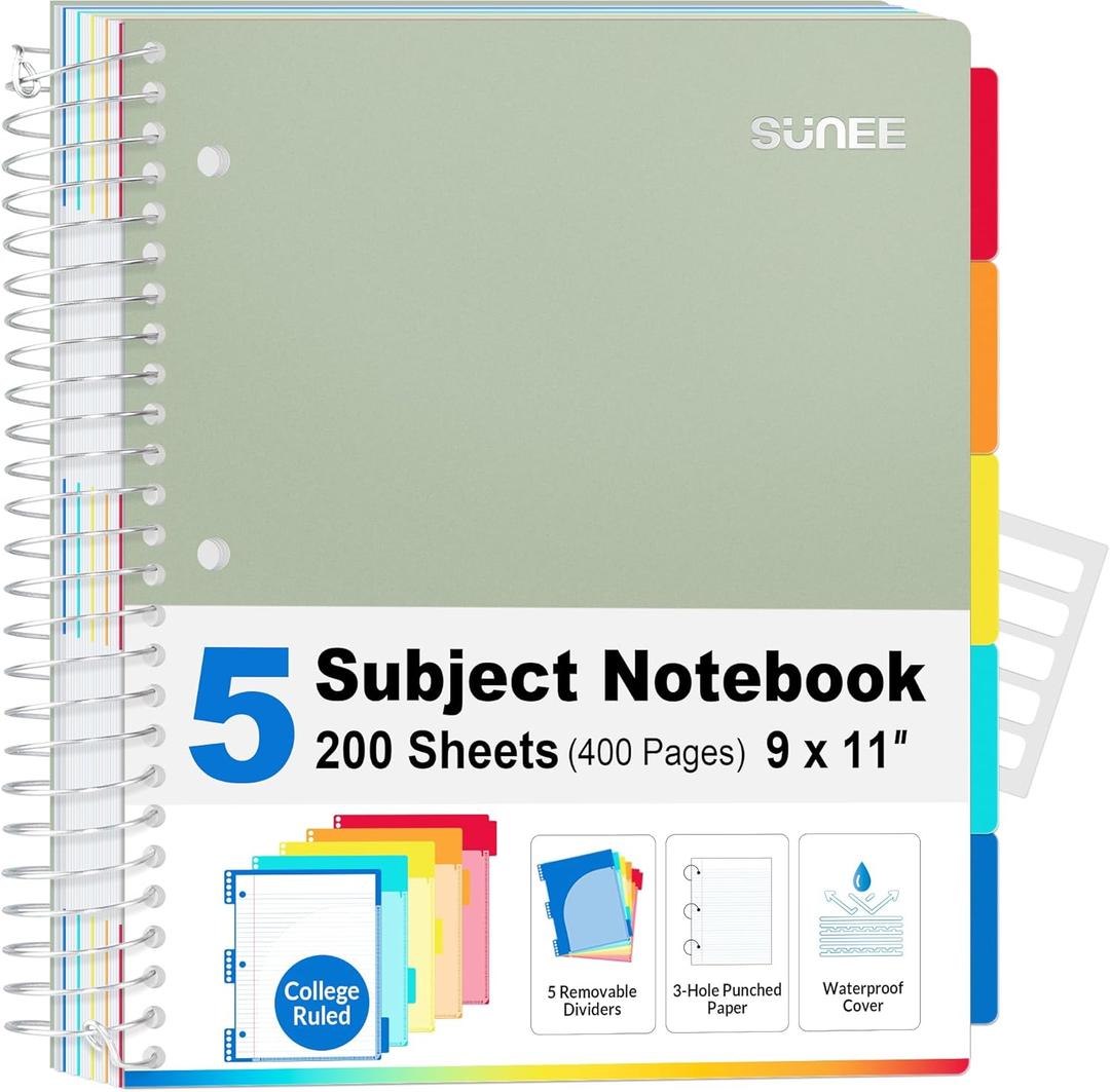 SUNEE 5 Subject Notebook College Ruled - 200 sheets (400 Pages), 9"x11", 5 Pocket Colored Dividers, 3-Hole Punched Paper, Sage Green