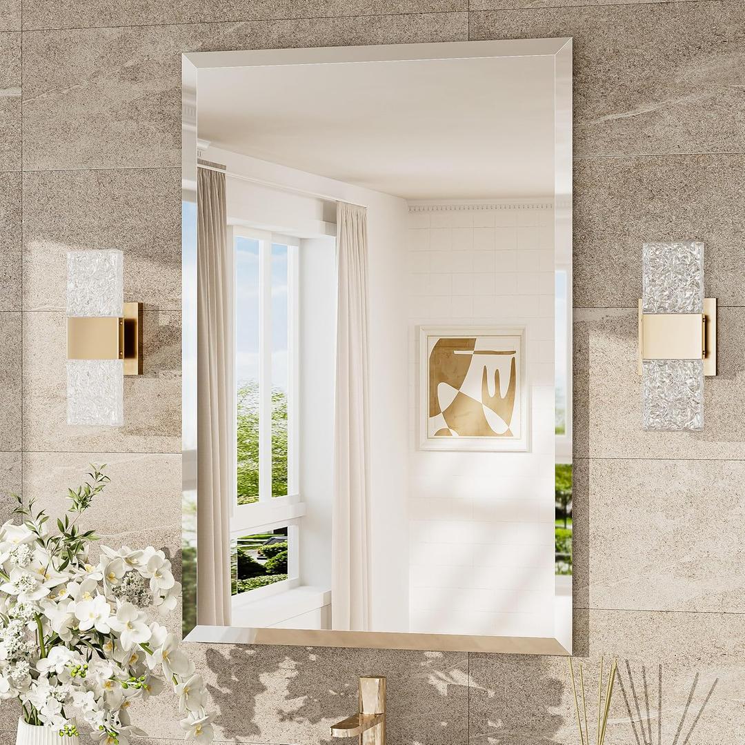 TokeShimi 24x36 Beveled Wall Mirror Decorative, Bathroom Vanity Mirrored with 1" Beveled Edge, Shatterproof Modern Frameless Mirror Bathroom Rectangle for Living Room, Entryway, Restroom