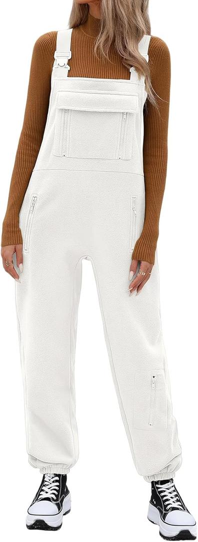 Women's Winter Fleece Overalls Warm Fuzzy Jumpsuits Adjustable Strap Sleeveless Loose Casual Fluffy Bib Overalls Pants (X-Large, Beige)