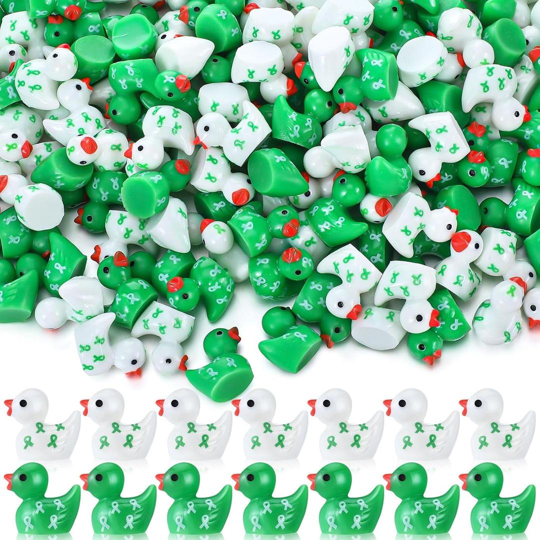 200 Pcs Mental Health Resin Ducks Bulk Mental Health Awareness Item Green Ribbon Awareness Ducks for Public Charity Activities Supplies Event