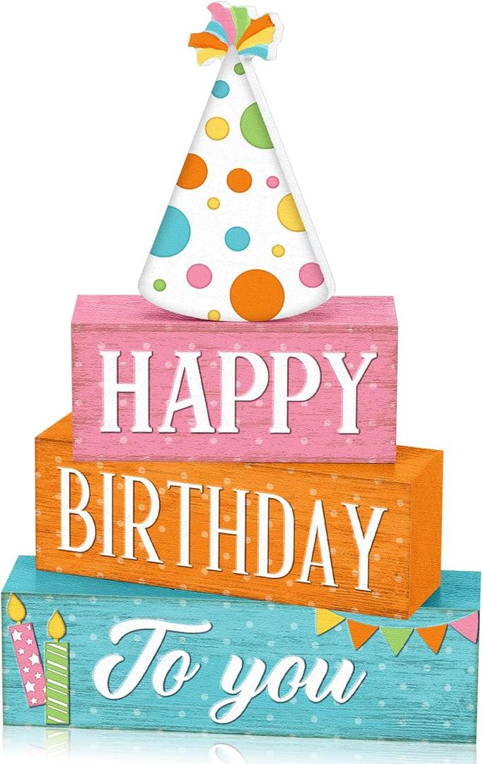 4 Pcs Birthday Table Decor Happy Birthday Wooden Sign Blocks Farmhouse Colorful Tiered Tray Decor Rustic Tabletop Centerpieces for Home Office Desk Shelf Mantel Party Decoration Supplies