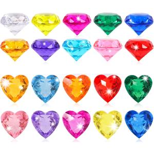 Niceup 56pcs Heart and Diamond Diving Gems 1.57in Tressure Box Easter Egg Filler Princess Party Decoration Favors Crystal Acrylic Heart Shape Gemstones for Summer Swimming Training Pool Toys