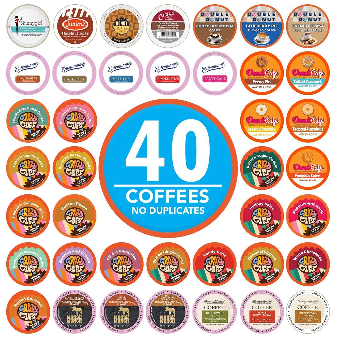 Crazy Cups Flavored Coffee Pods Variety Pack, Fully Compatible With All Keurig Flavored K Cups Brewers, Coffee Sampler, 40 Count (EXP 12/29/26)