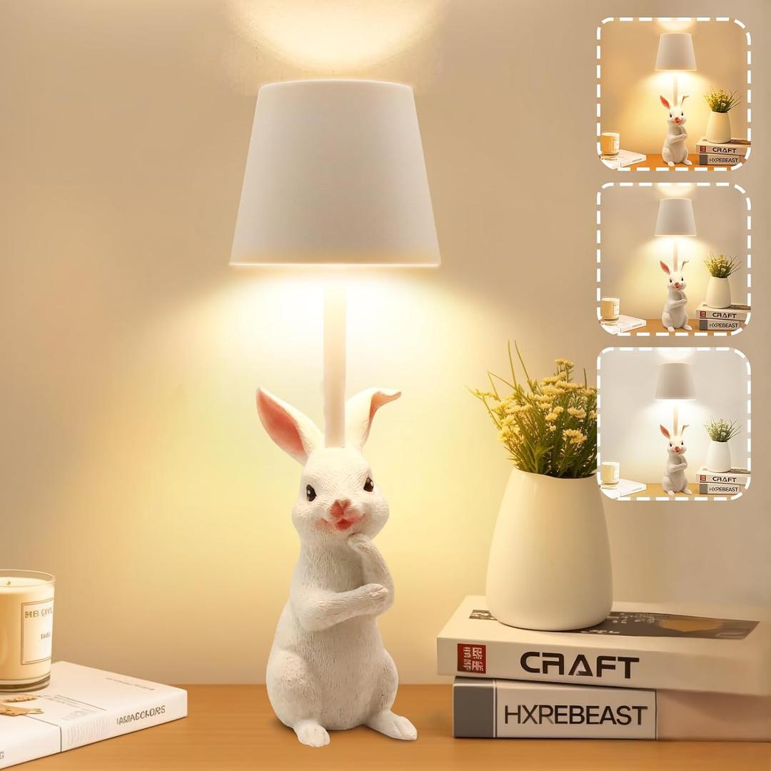 TYNLED Rabbit Lamp - 3 Color Dimmable Nightstand Touch Control Lamp with USB C Charging Port for Bedroom, Dining Room, Office, Dorm (White)