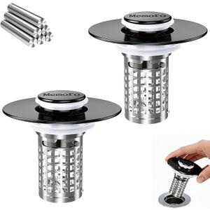 Bathroom Sink Drain Strainer, Stainless Steel Pop-up Strainer Basket Hair Catcher with Removable Basket, Brass Bullet Core, Universal Fit 1.1-2.36 Inch Matte Black(2PCS)