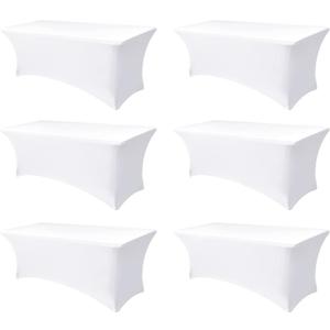 Table Cover for 6 foot Rectangle Tables-6 Pack White Fitted Stretch Tablecloth-Elastic Spandex 6ft Folding Tablecloths for Party, Vendor Booth Display, Banquet Buffet Event, Craft Trade Show