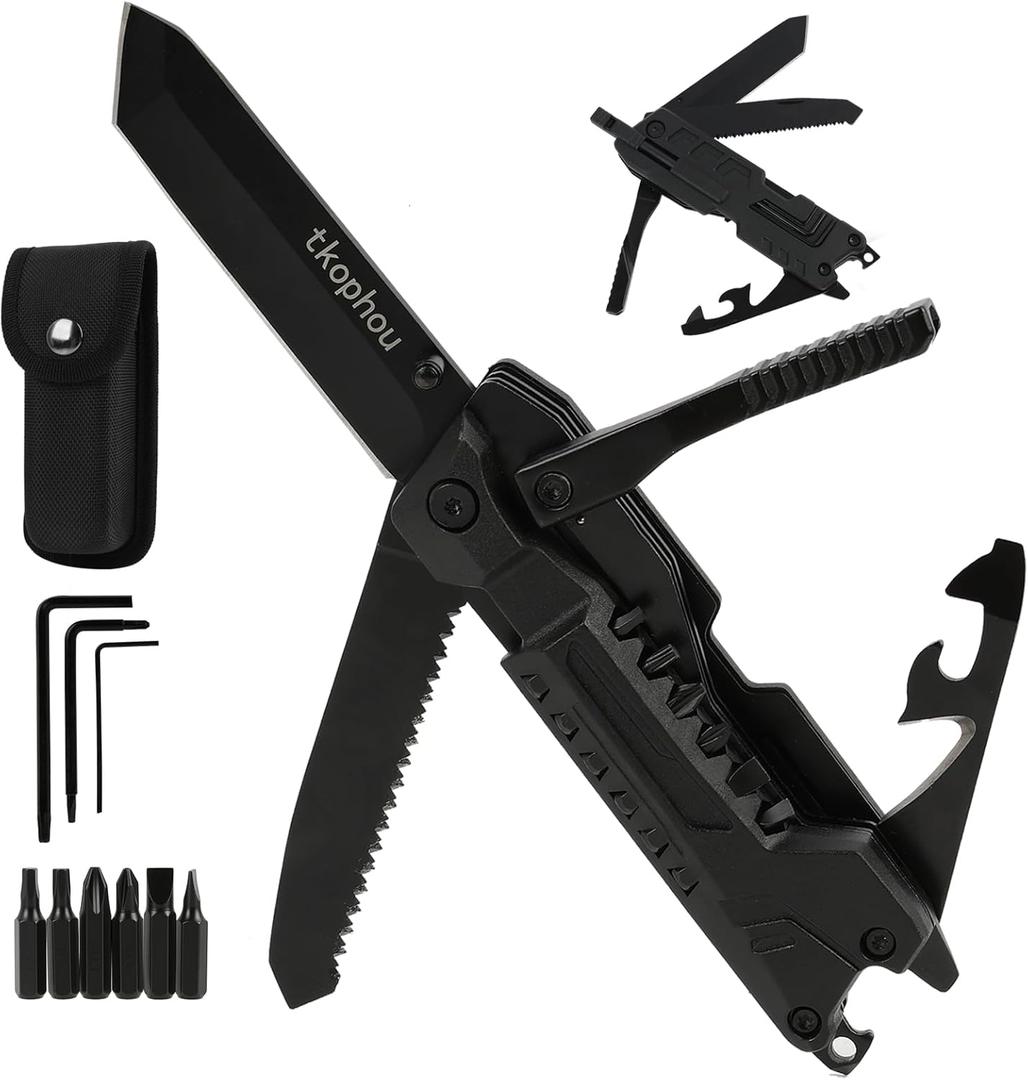 Tkophou Multitool Knife, Multi Tool Pocket Knife for Men, 17-in-1 Folding Knife Camping Multitool for Hiking, Fishing, Survival, Men Gifts for Birthday Christmas