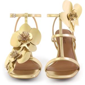 LACIKOSZ Floral High Heels Womens Strappy Sandals Wedding Bride Dressy Shoes Open Toe Ankle Strap Sandals (Gold, 8)