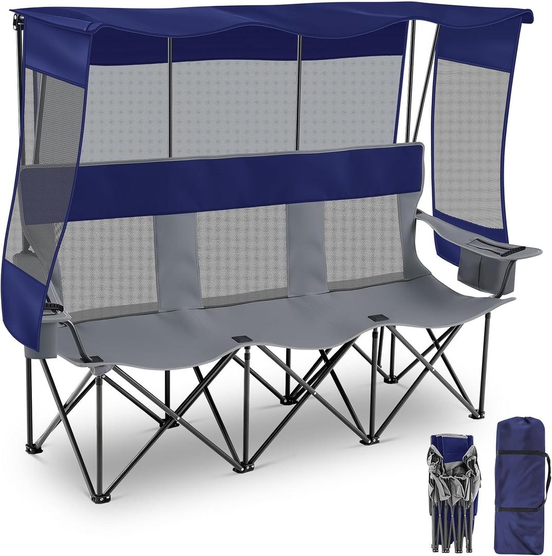 Teenyyou 3 Person Camping Chair with Canopy Shade Oversized Folding Beach Couch Style Camping Sofa Portable Outdoor Lawn Seat Tailgate Chair with Umbrella for Beach Sport Sideline Backyard Festival