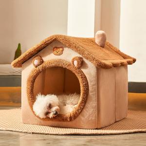 JIUPETY Cute Small Dog House Indoor, Foldable House Kennel Bed Mat with Cushion, L Size Tent Up to 25 Lbs, Dog Cave Bed with Non-Slip Bottom, Brown