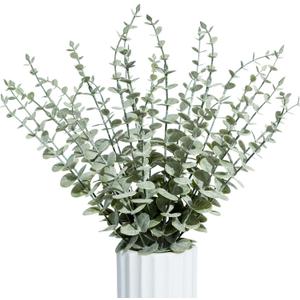 24Pcs Faux Eucalyptus Stems, 15" Artificial Eucalyptus Plants with White Frosted Coating, Fake Eucalyptus Decor Plastic Greenery Leaves for Wedding Bouquets Home Decor DIY Floral Arrangements