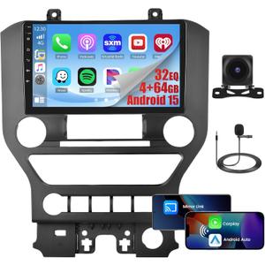 [4+64G] Android 15 Car Radio for Ford Mustang (Auto A/C) 2015-2020 Wireless CarPlay Android Auto, 9 Touch Screen for Mustang Car Stereo with GPS WiFi, Bluetooth 5.0 FM/RDS 32EQ Backup Camera