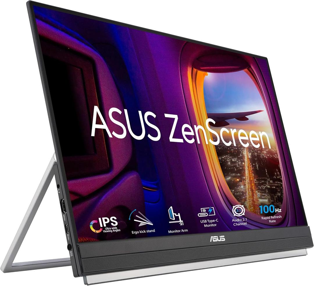 ASUS ZenScreen 22 (21.5 viewable) 1080P Portable Monitor (MB229CF) Full HD, IPS, 100Hz, USB-C PD 60W, Speakers, Carrying Handle, Kickstand, C-clamp Arm, Partition Hook, Subwoofer