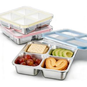 3 Pack Stainless Steel 4 Compartment Snack Containers with Lids, Reusable Divided Lunch & Food Storage Containers for Work, Travel (Pink, Yellow, Blue)