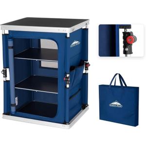EAGLE PEAK Outdoor Folding Camping Table with Large 3-Tier Storage Organizer and Side Pockets, Easy Set Up Portable Aluminum Camping Kitchen, Blue (18.9 x 23.6 x 31.5 IN)