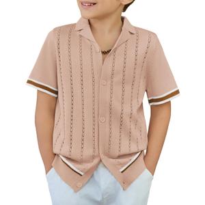 Arshiner Boys Knit Shirts Short Sleeve Button Down Shirt Vintage Fashion Casual Summer Beach Shirts for Kids 5-13 Years (Beige)